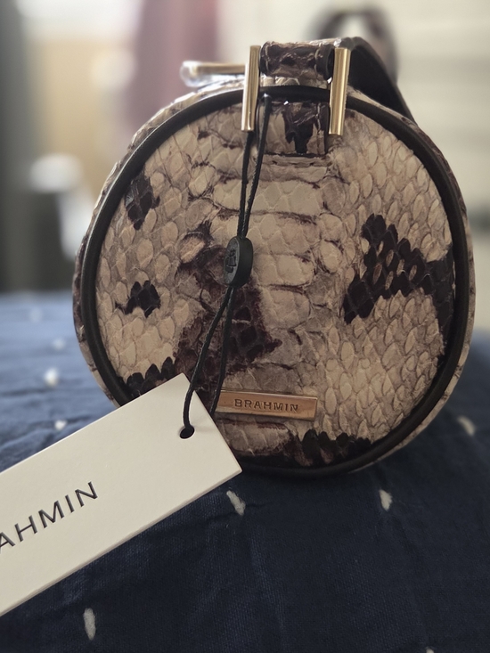 Brahmin Handbags - Brahmin Beige and Dark Brown Snake-Print Mini Round Crossbody